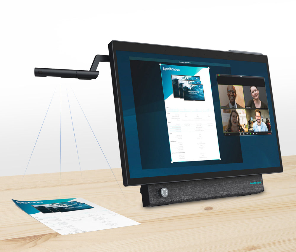 Bestboard has a patented flip-camera that incorporates both the video camera and the document camera in one live video stream, so you can properly show your A4 paperwork in real-time during video meetings to all your remote colleagues or clients.